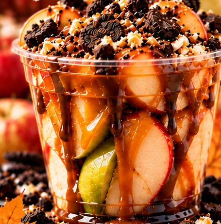 Caramel apple cup drizzled with caramel and chocolate, topped with cookie crumbles
