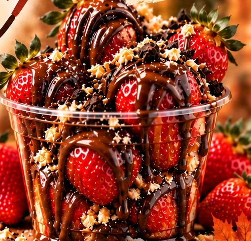 Chocolate strawberry cup with fresh strawberries, chocolate drizzle and cookie crumbles